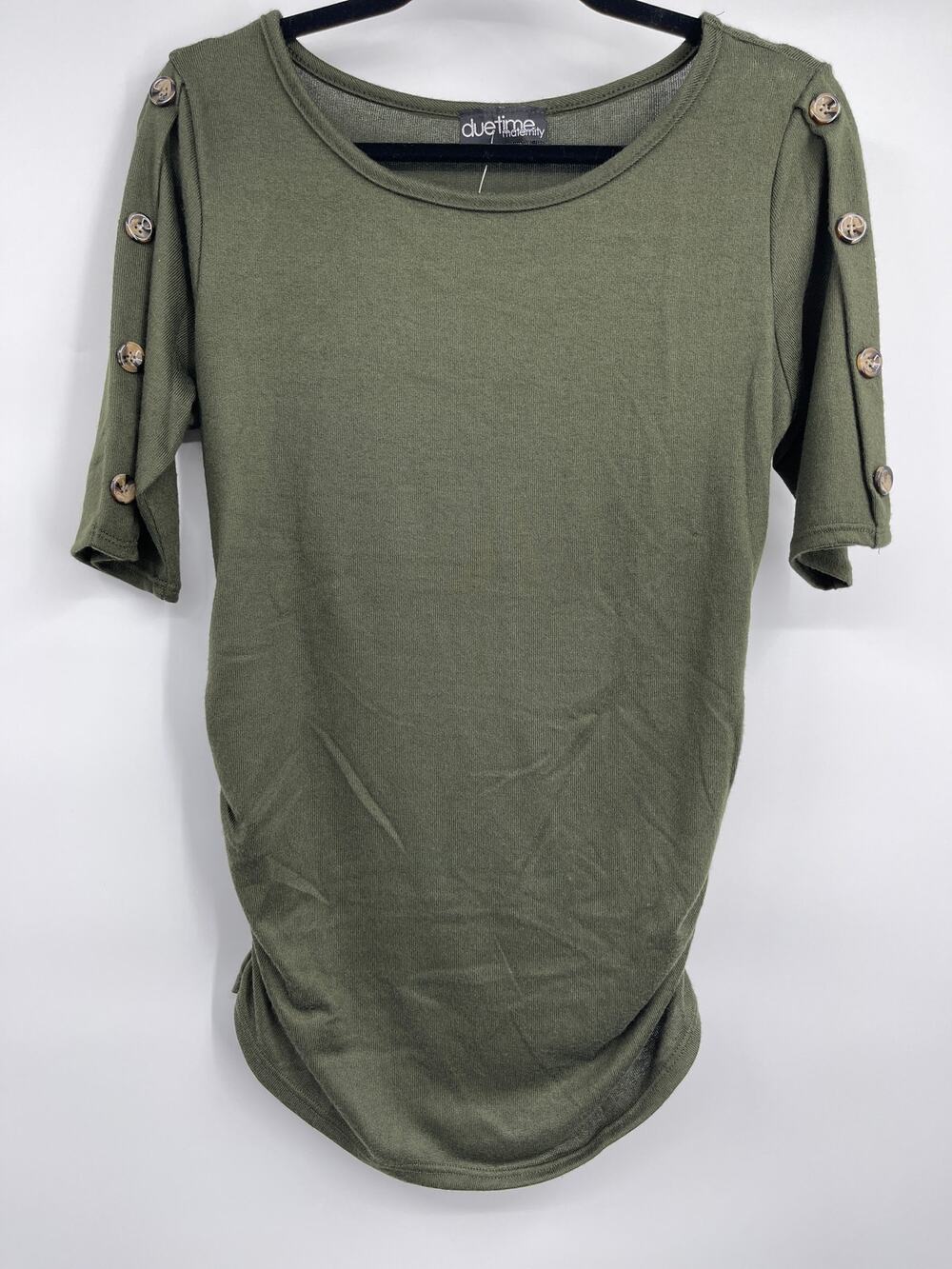 Due Time Maternity Olive Green Pregnancy Top Ruched 3/4 Sleeve NEW Large